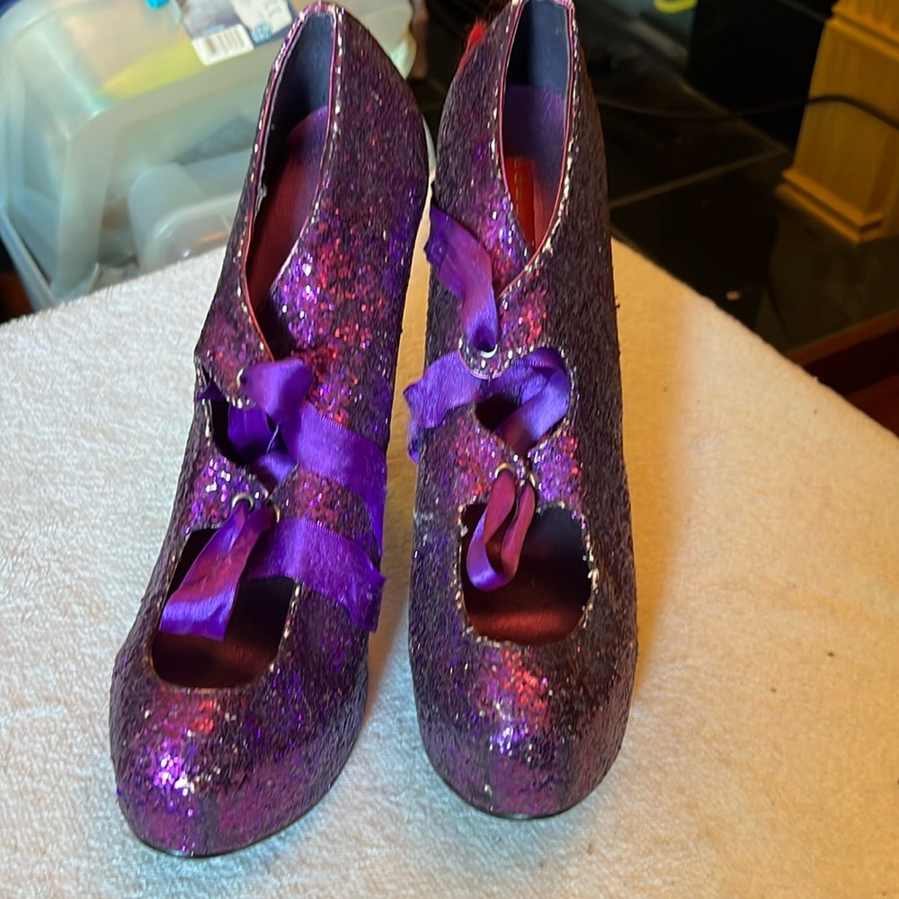 Bordello Shimmering Purple Heels with Satin Bows